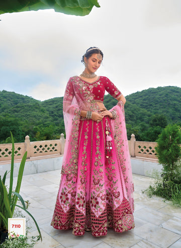 Pink Beautiful Traditional Designer Elegant Embroidery Work Cut Work Silk Lehenga - 7110